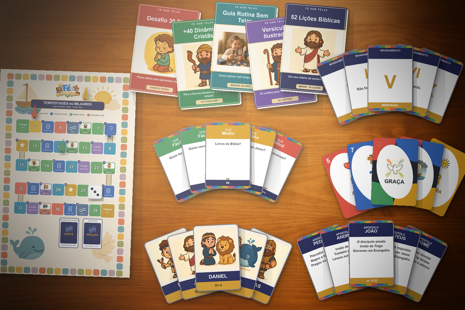 Kit Fé Sem Telas — jogos de cartas reais, tabuleiro e livros na mesa